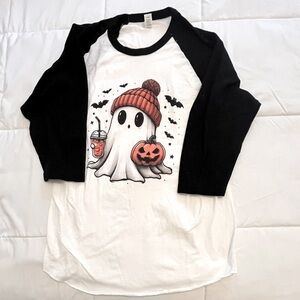 Tultex Black and White cute Ghost Halloween Raglan Tee. Size L